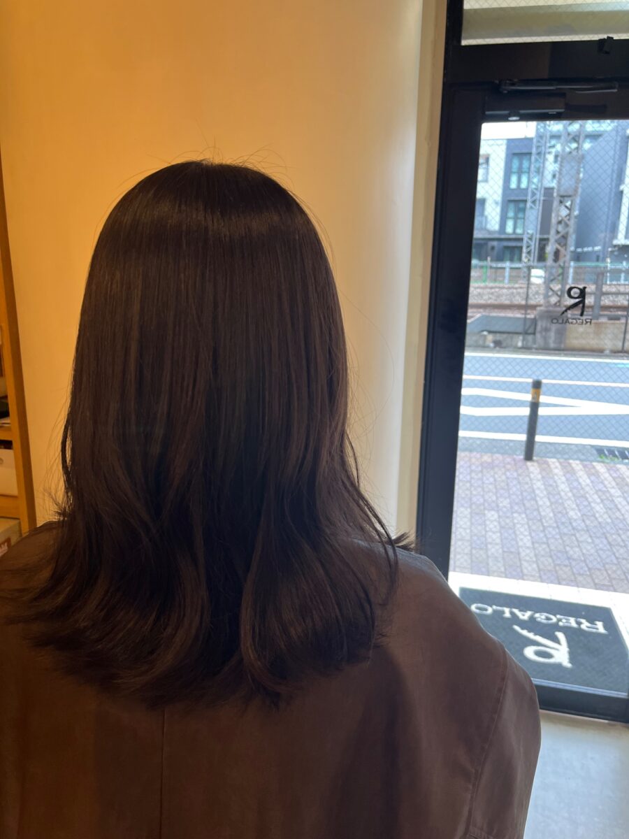 就活向けケアカラーで仕上げたツヤのあるダークブラウンのセミロングヘア後ろ姿