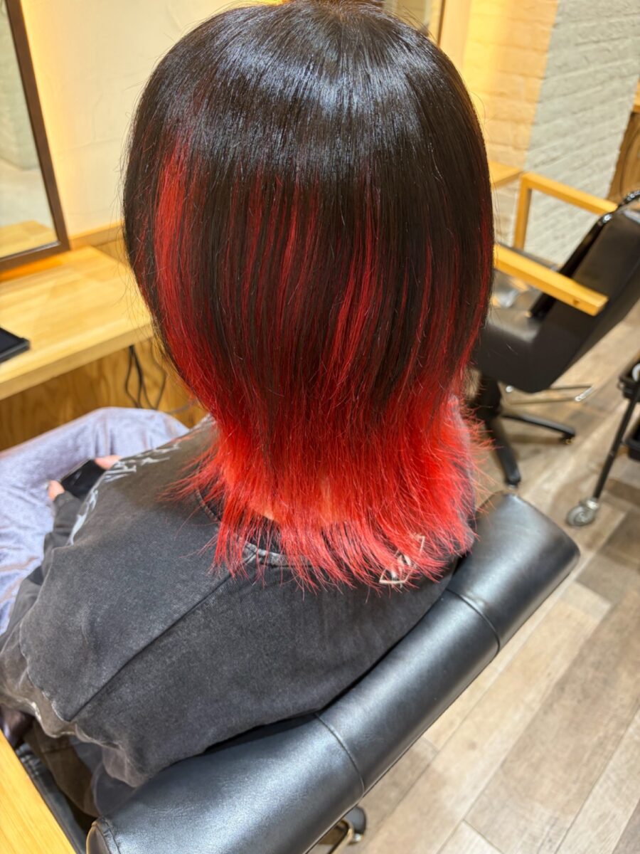 黒髪ベースに鮮やかな赤を仕込んだボブのアンブレラカラー後ろ姿